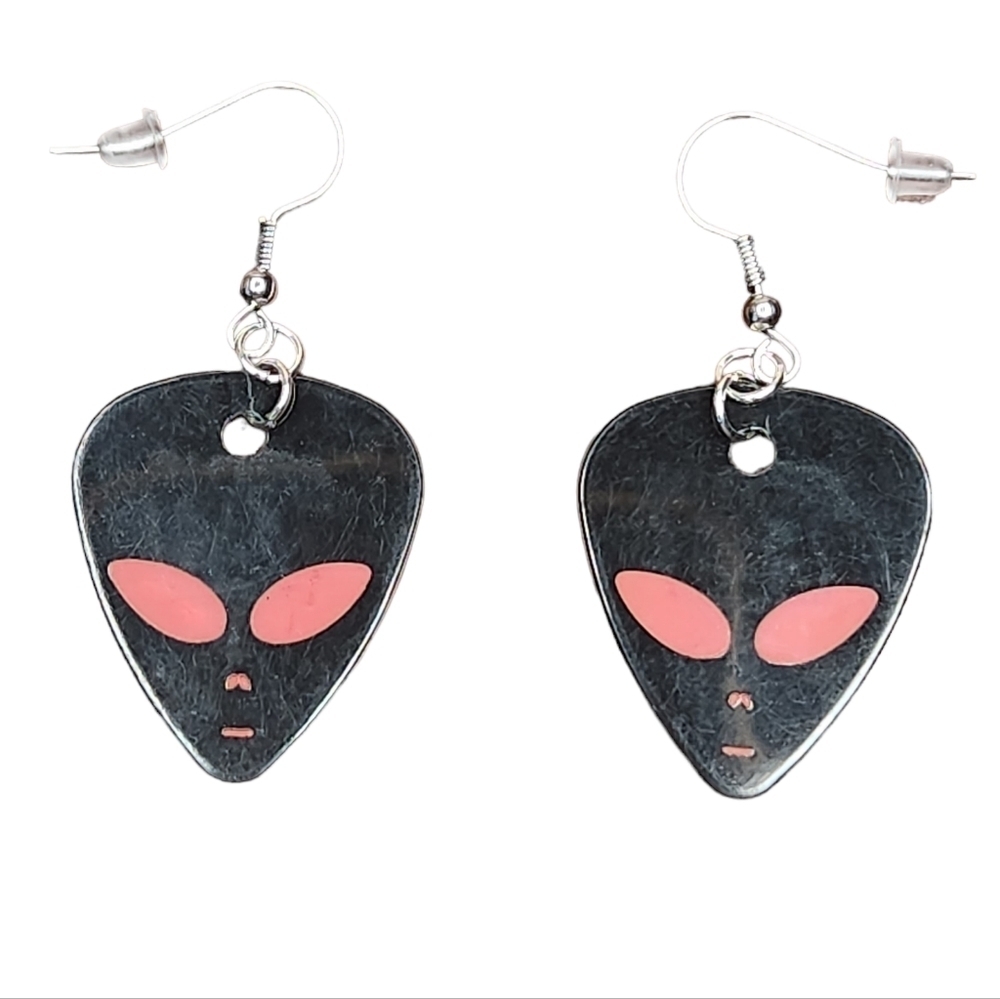 Alien Guitar Pick Earrings Surgical Stainless Steel Red & Black Lightweight - Picture 4 of 6